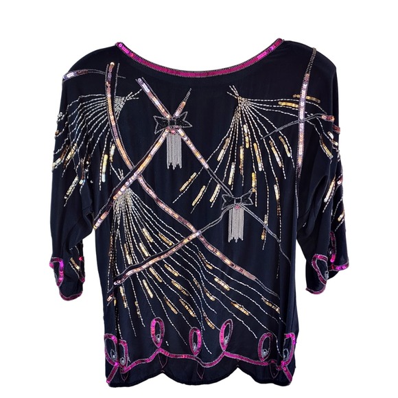VTG 70s Argenti 100% Pure Silk Black Pink Sequin Beaded Bows Blouse S Hong Kong - Picture 9 of 10